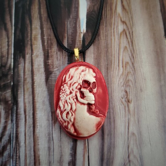 Handmade Ceramic Red Skull Cameo Pendant Necklace - Picture 11 of 14